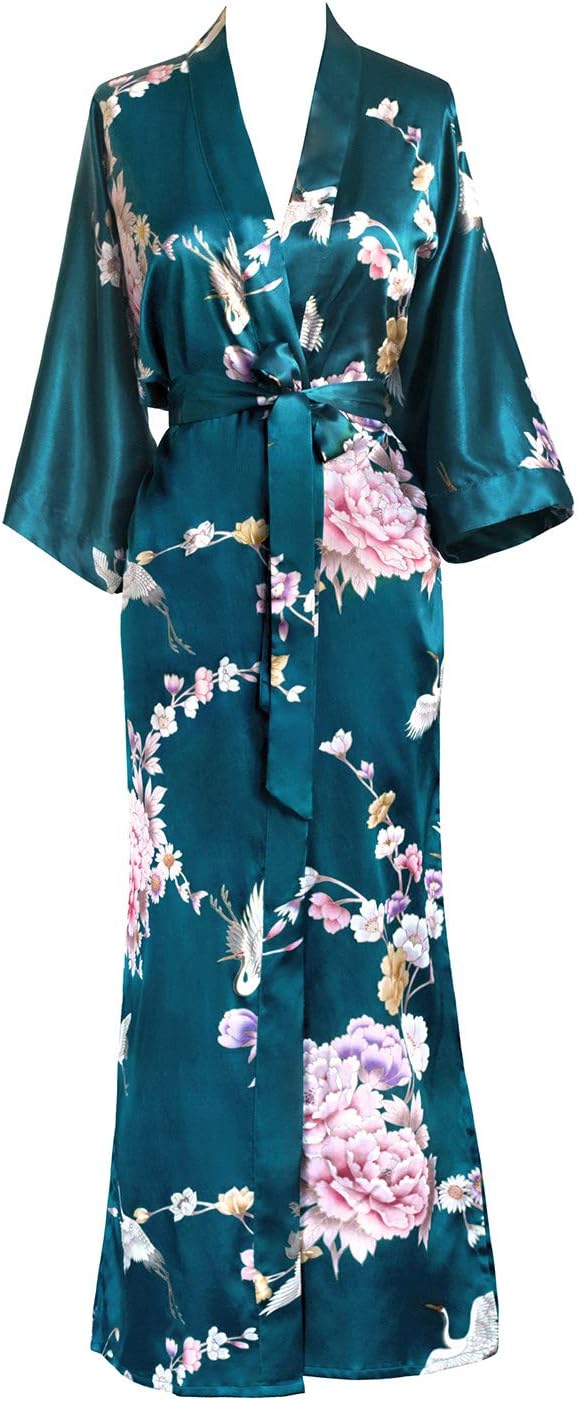 Women's Satin Kimono Robe Long - Floral, Chrysanthemum & Crane - Peacock, One size
