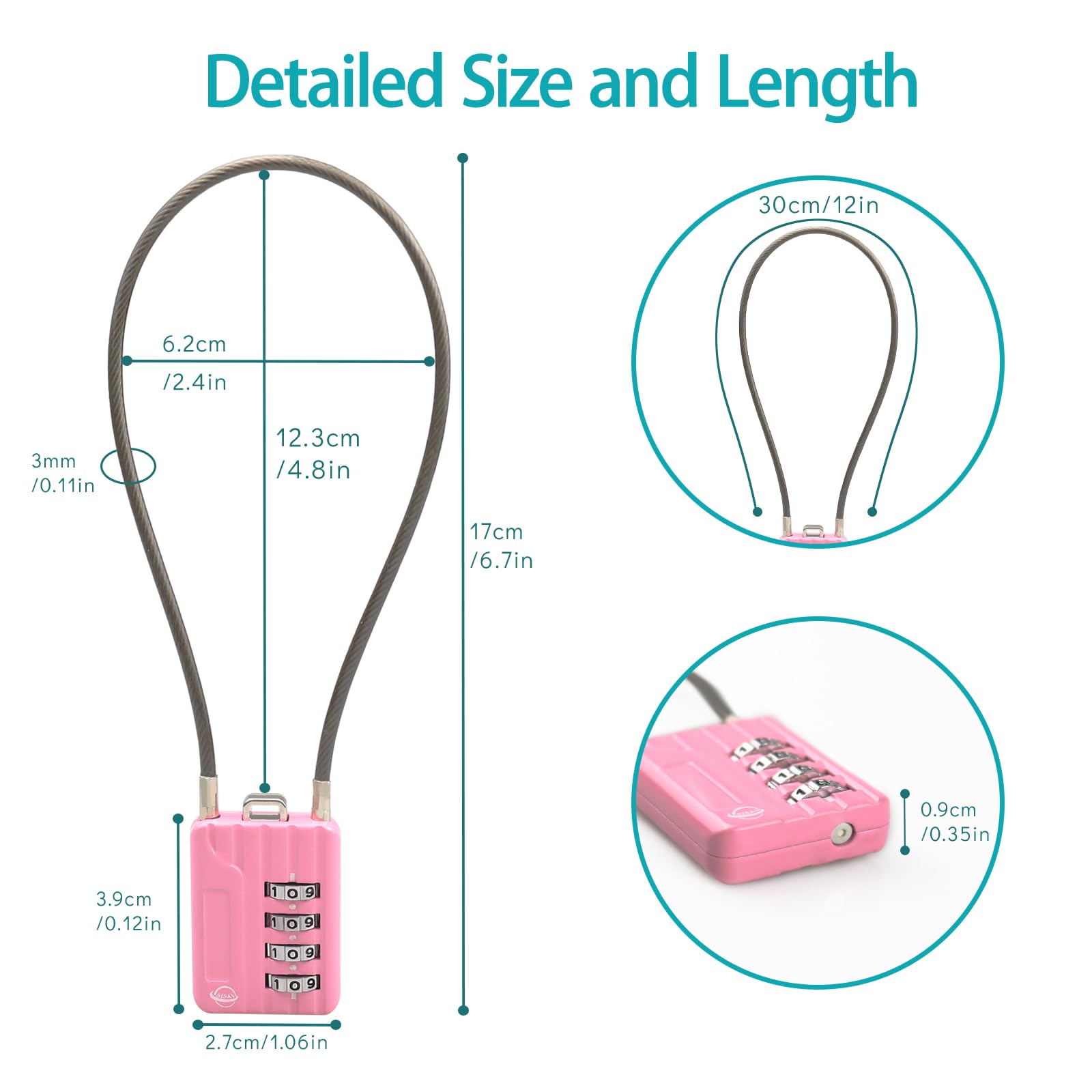 SISAV 4 Digit Combination Locks, 12 inches(30cm) Cable for School Gym Locker Helmet, Filing Cabinets, Toolbox - Image 2