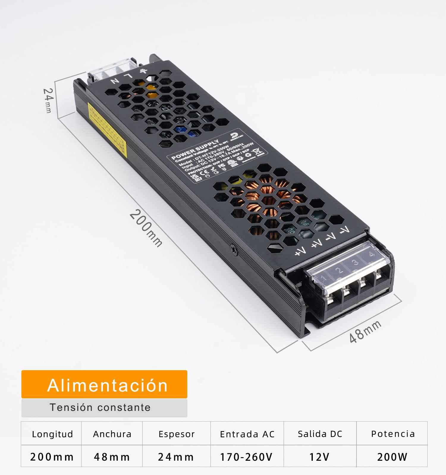Fuente de Alimentación Transformador 220V AC a 12V DC 200W 16.67A, LED Driver de Baja Tensión, Adaptador de Voltaje Constante para Tiras LED Bombillas MR11 G4 MR16, DUSKTEC