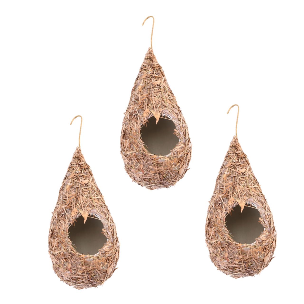 Casa Colgante para Pájaros Artificial de Paja 3 Piezas | Forma de Gota, para Exterior E Interior, Mezcla Paja-plástico, Refugio Decorativo Tejido a Mano