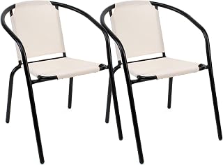 THE SECRET HOME - Pack de 2 Sillas en Lona para Jardín - Silla de Acero Apilable - Asiento de Exterior para Balcón, Terraza y Jardín con Asiento de Tela (Beige)