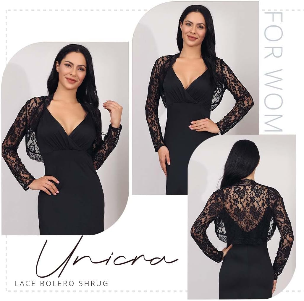 Unicra Women Lace Bolero Shrug for Dresses Elegant Floral Lace Shrug Top Open Front Sheer Long Sleeve Cropped Cardigan - Image 3