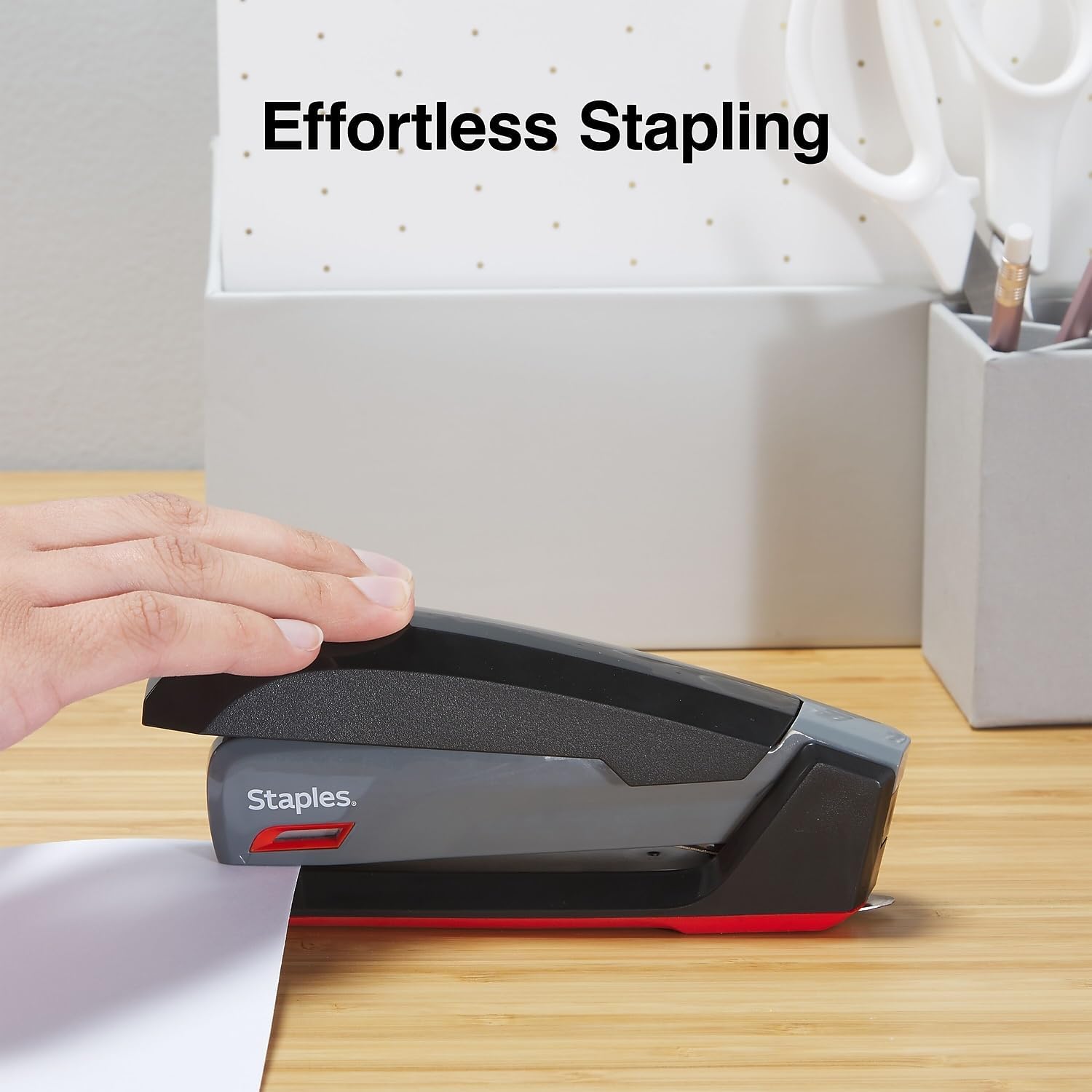 Staples One‑Touch Desktop Stapler, Full‑Strip Capacity, Gray/Black/Red – Smooth‑Press Stapler