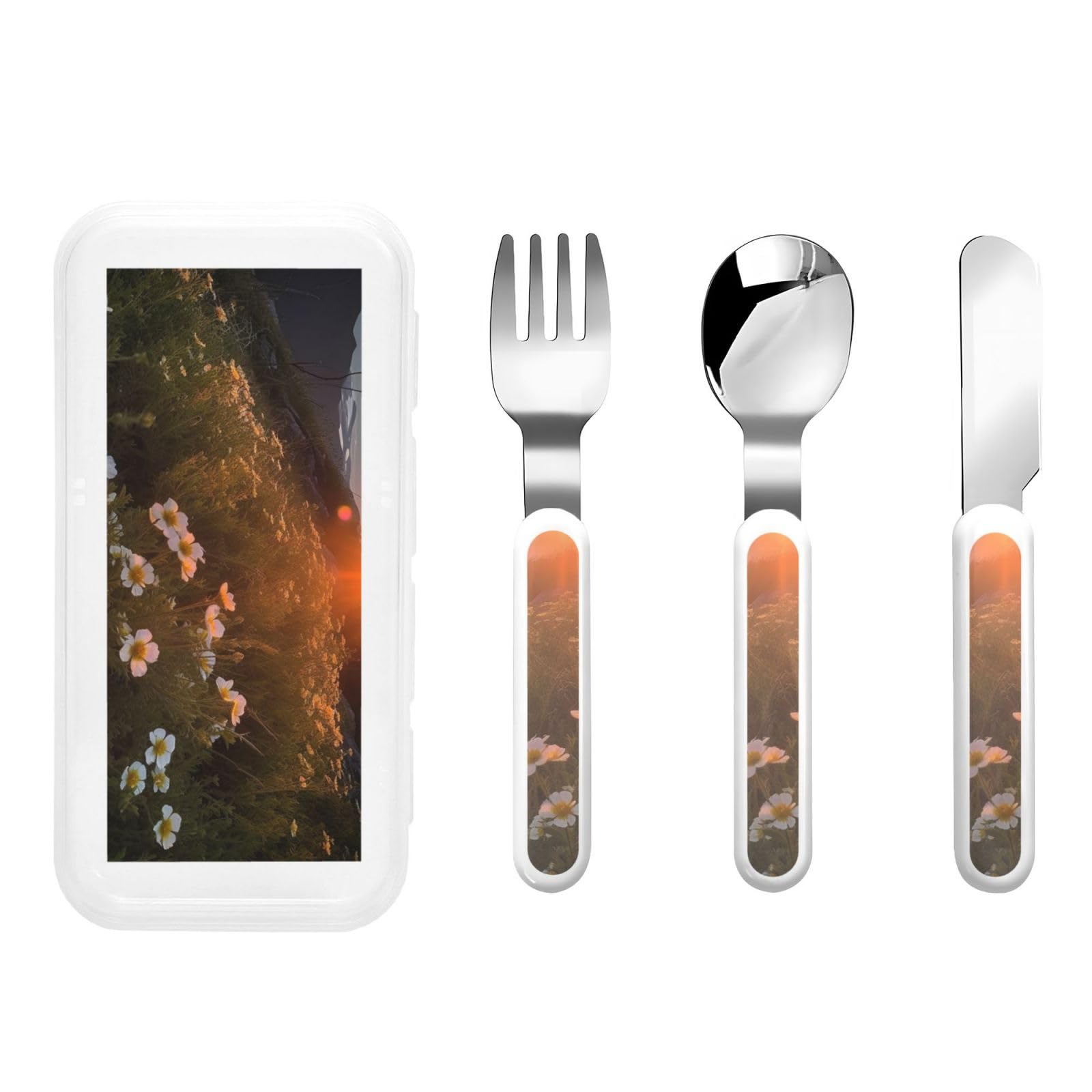 Stainless Steel Kids Silverware Set, Sunset And Flowers Utensil Set Reusable Children Safe Knife Spoon Fork Set With Storage Case Dishwasher Safe For Lunch, Travel Outdoors