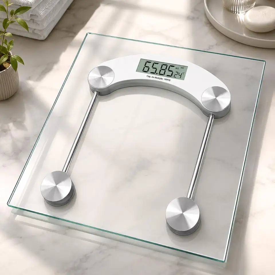 Balança Corporal Digital 180kg Vidro Temperado Transparente Quadrada Display LCD Alta Precisão Moderna Casa Banheiro e Academia