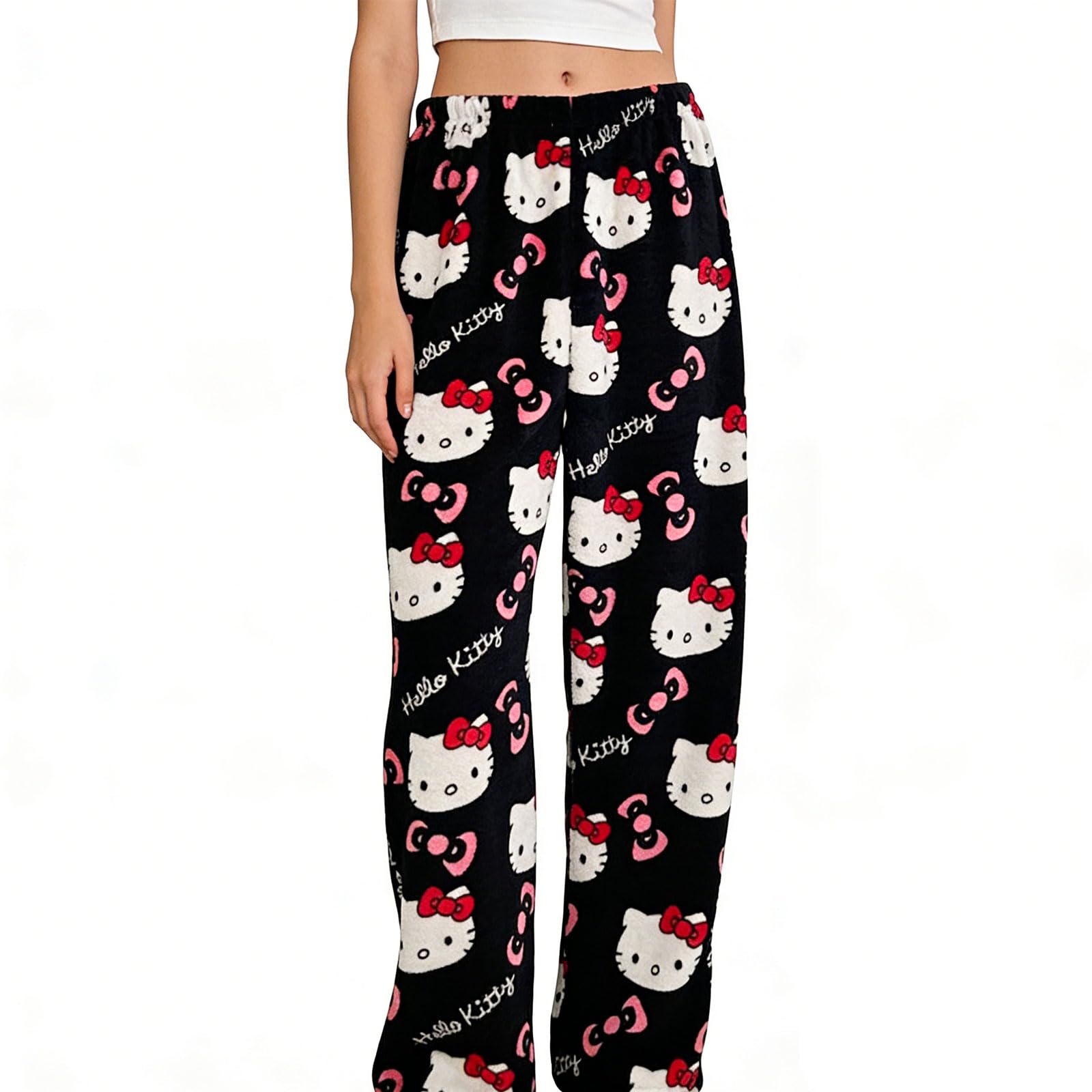 NEUNEL EU Größen Anime Pyjama Hose Damen, leichte Lounge Hose, Anime Pyjamahose, Komfortable Schlafhose mit Elastikbund, Schwarz Rosa (S)