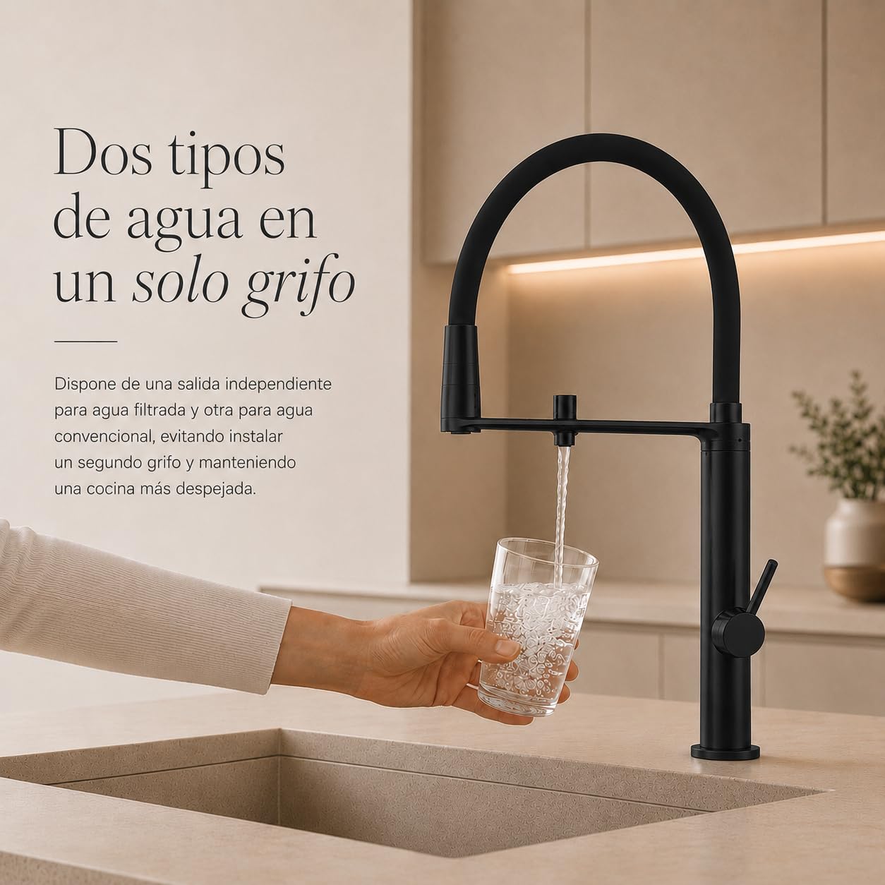 Ramón Soler Grifo de Cocina Flexible con Agua Filtrada Negro Mate | Grifo de cocina con caño flexible magnético y salida independiente para agua filtrada. Diseño premium, práctico y elegante.