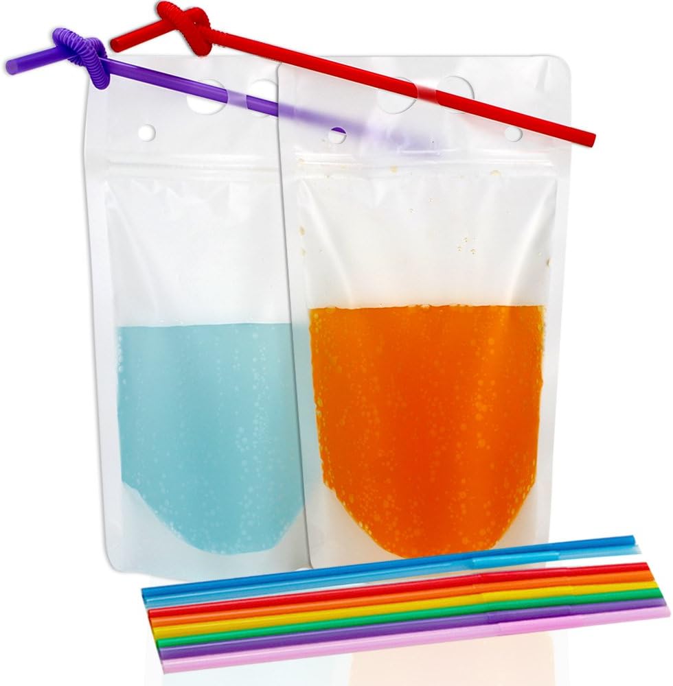 Super Big Clearance! Tomnk 50pcs Clear Drink Pouches Bags Smoothie Bags Reclosable Zipper Heavy Duty Hand-held Translucent Stand-up Plastic Pouches Bags Drinking Bags 2.4 Inches Bottom Gusset with 50pcs Straws
