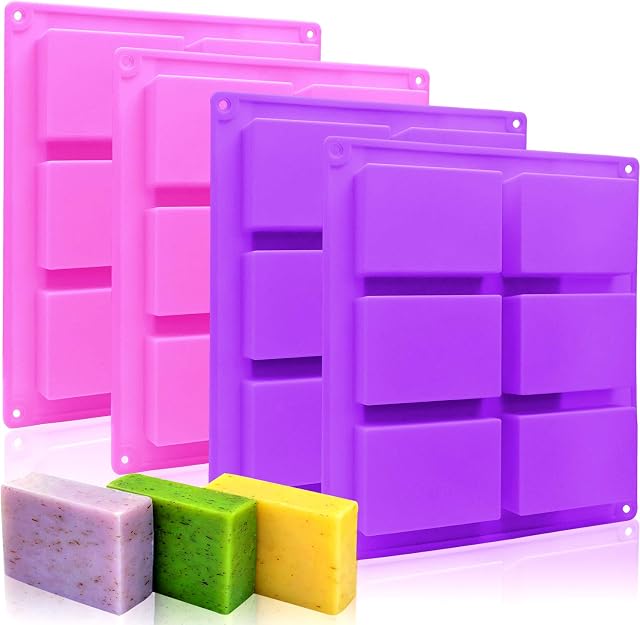 Silicone Soap Molds Set of 4, 6 Cavities Rectangle Silicone Soap Molds for Homemade Craft Soap Mold, Cake Mold, Chocolate Mold  Ice Cube TrayPurple  Pink