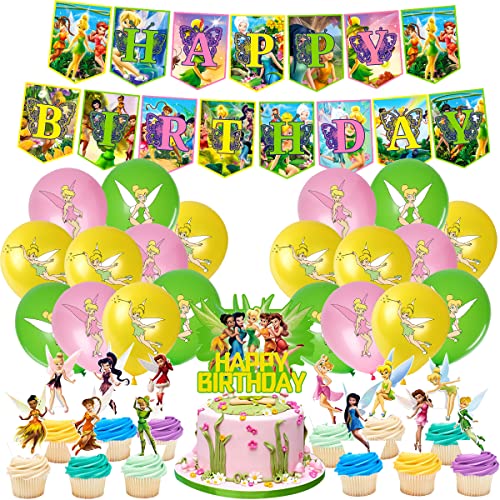 Décorations d'anniversaire Fée Clochette 29 Pièces Décor de Fête d'anniversaire Fée Clochette Fournitures d'anniversaire Bannière de Fête Fée Clochette Ballon Gâteau Toppers pour Enfants Filles