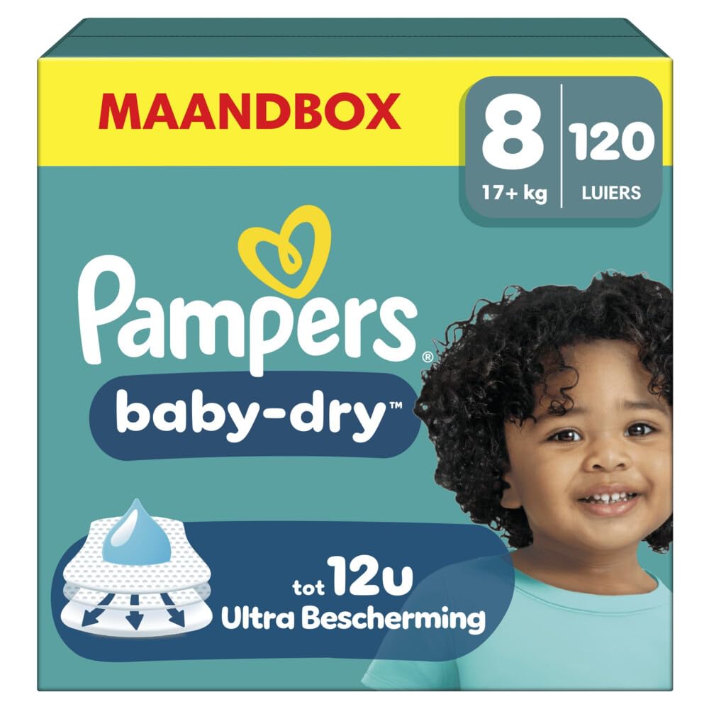 Pampers Pañales tamaño 8 (17 kg+) Baby Dry, extra grande, caja de meses, hasta 12 horas de protección contra fugas, 120 unidades (1 unidad)