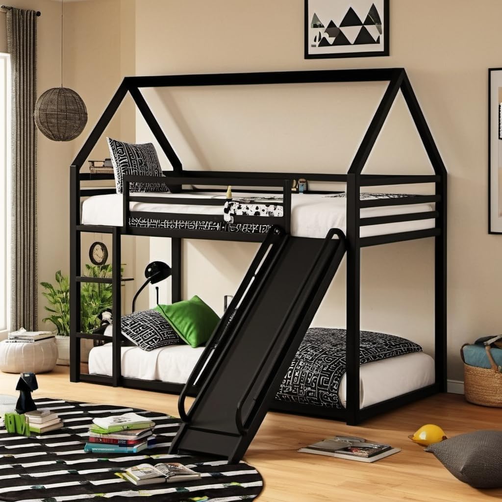 Metal Kids Bunk Bed with Slide & Ladder – House Shaped Twin Over Twin Bed Frame for Boys & Girls | Low Loft Bunk for Toddlers & Children | Modern Black Playhouse Bed for Kids Room-image-40