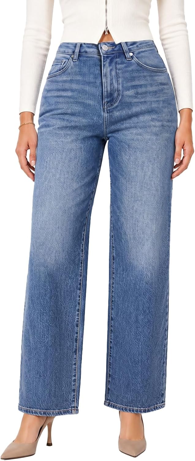 ONESO Wide Leg Jeans for Women High Rise Tummy Control High Stretch Denim | 31" Inseam Relaxed Fit Baggy Jeans for A Polished, Versatile Look, Great for Curvy Women