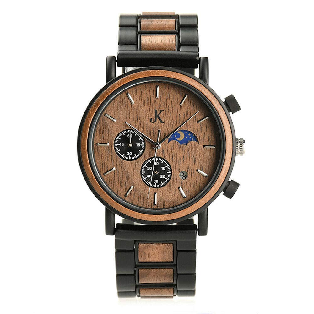 Kim Johanson Orologio da polso da uomo in legno e acciaio inox, Military, marrone scuro, cronografo con display sole e luna, realizzato a mano, orologio analogico al quarzo, con confezione regalo