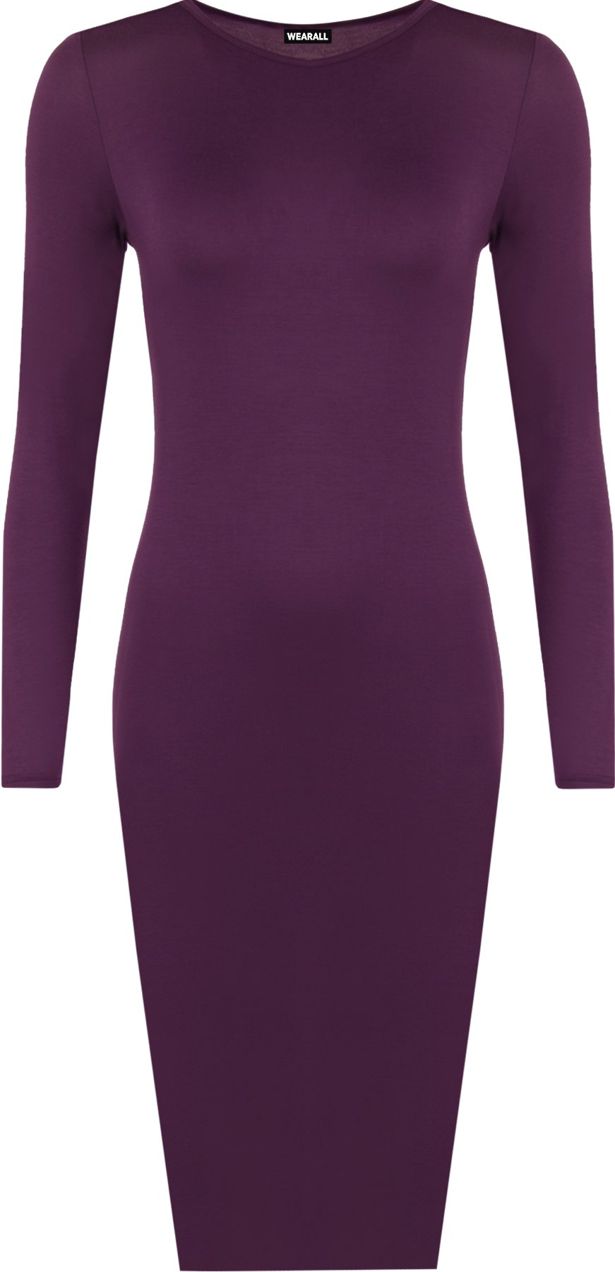 WearAll Womens Plus Size Plain Long Sleeve Bodycon Ladies Stretch Midi Dress - Purple - 24-26