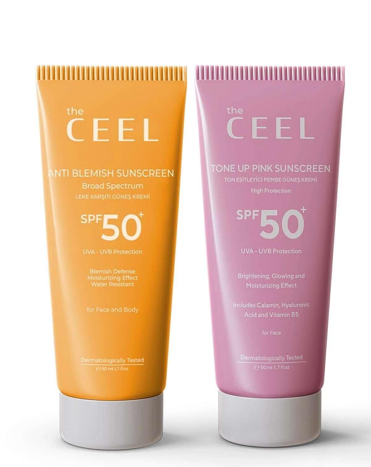 The Ceel SPF 50+ Güneş Kremi Seti - Leke Görünümü Karşıtı Güneş Kremi 50 ml ve Ton Eşitleyici Pembe Güneş Kremi 50 ml, UVA UVB Koruyucu Günlük Yüz Bakım Seti