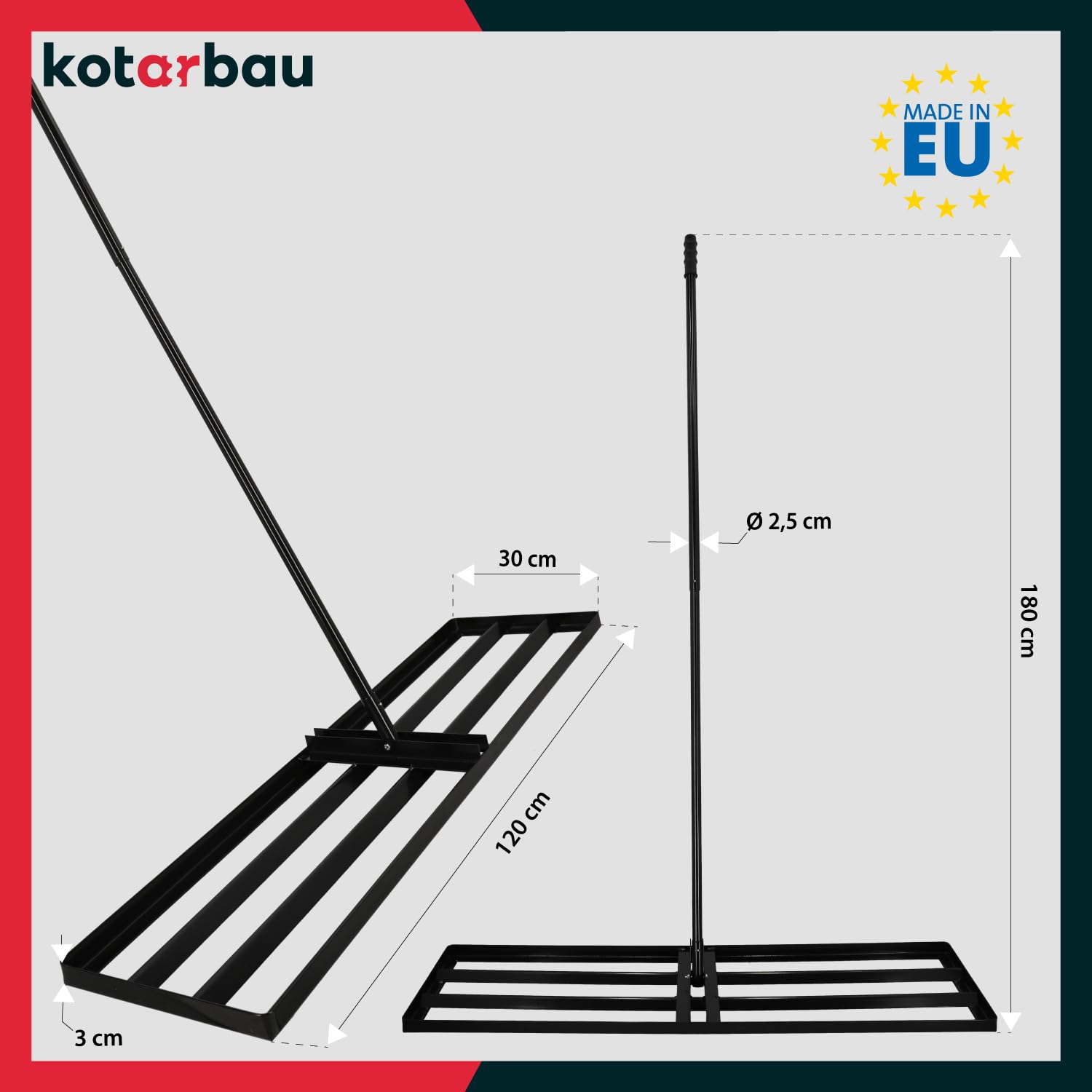 KOTARBAU® Rasenrakel - 120 x 30 cm - Rasen Nivellierrechen - mit Stahlstiel - 180 cm - Gartenwerkzeug zur Rasenpflege - Rasen Rakel - Gartenzubehör - Stahl - Schwarz