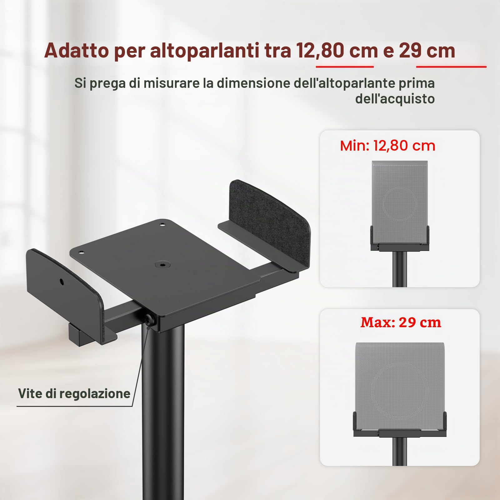 Supporto per altoparlanti regolabile in altezza fino a 95 cm – Base universale per Edifier, KRK, Klipsch, Polk, Yamaha, Sony – Robusto supporto per cassa Surround Sound con gestione dei cavi.