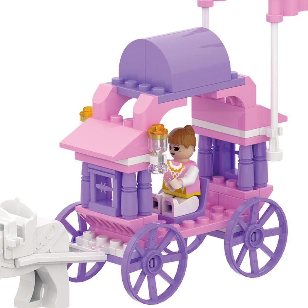 Close-up view of the assembled COGO Princess Carriage, showing the doll seated inside and the horse attached, from a slightly elevated angle.