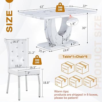 Modern Faux Marble Dining Table Set for 6, 63 White Rectangular Kitchen Table with Elegant U-Shaped Pedestal Base & 6 Tufted Upholstered High-Back Chairs, Luxury 7-Piece Dining Room Furniture Set