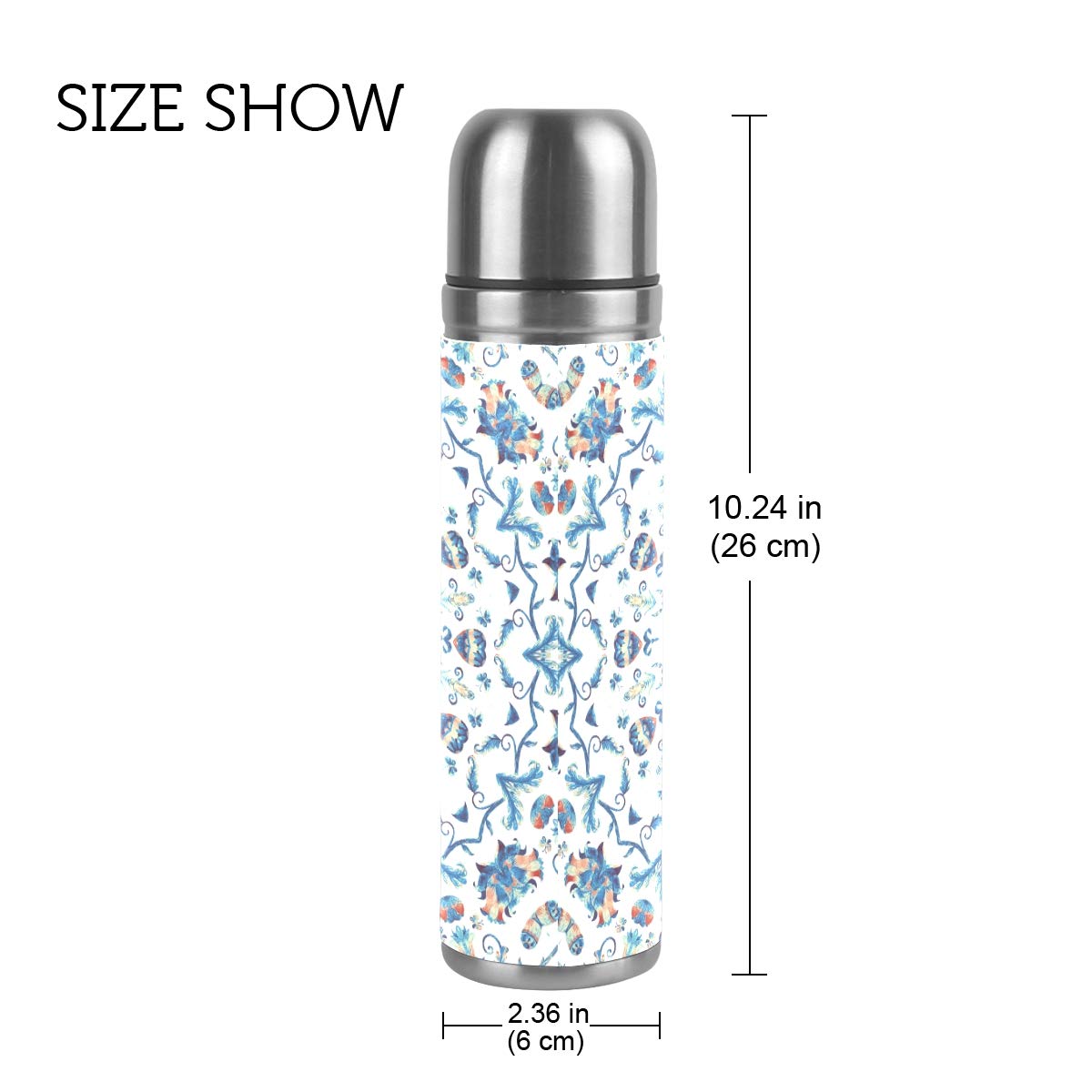 Taza de viaje aislada al vacío de acero inoxidable con doble pared a prueba de fugas, botellas de acuarela Mandala personalizada impresa en cuero genuino envuelta termo termo termo 500 ml