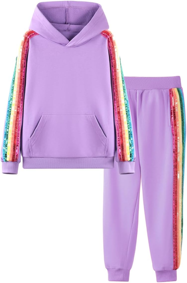 WELAKEN Girls 2 Piece Outfit Rainbow Sequin Striped Sweatshirt & Sweatpants Clothing Set