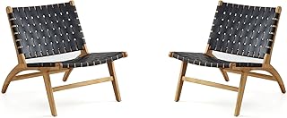 Manhattan Comfort Maintenon Home Living Room Bedroom Farmhouse Boho Mid Century Modern Desk Arm Corner Accent Chairs, Set of 2, Black/Natural