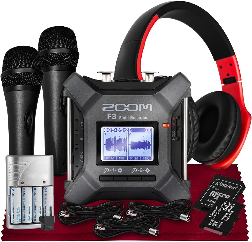 Zoom F3 Professional Field Recorder, 32-bit Float Recording, Dual A/D Converters, 2 XLR/TRS Inputs with Rechargeable Battery, Headphone w/Built-In Mic, 2 Handheld Mic w/XLR Cable & Mic Clip & More