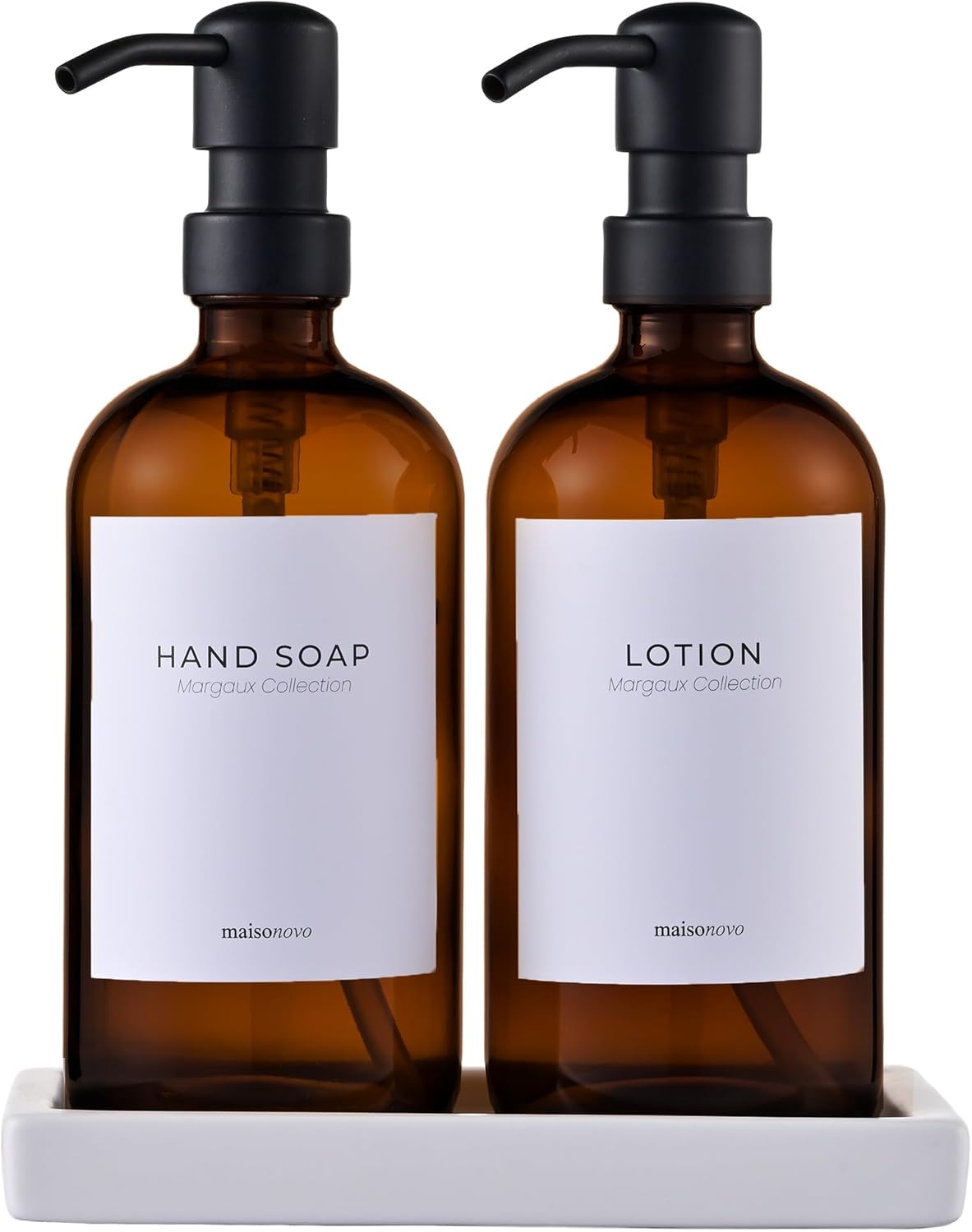 MaisoNovo Soap and Lotion Dispenser Set - Bathroom Soap Dispenser Set with Amber Glass Soap Dispenser, Black Pumps & Ceramic Tray