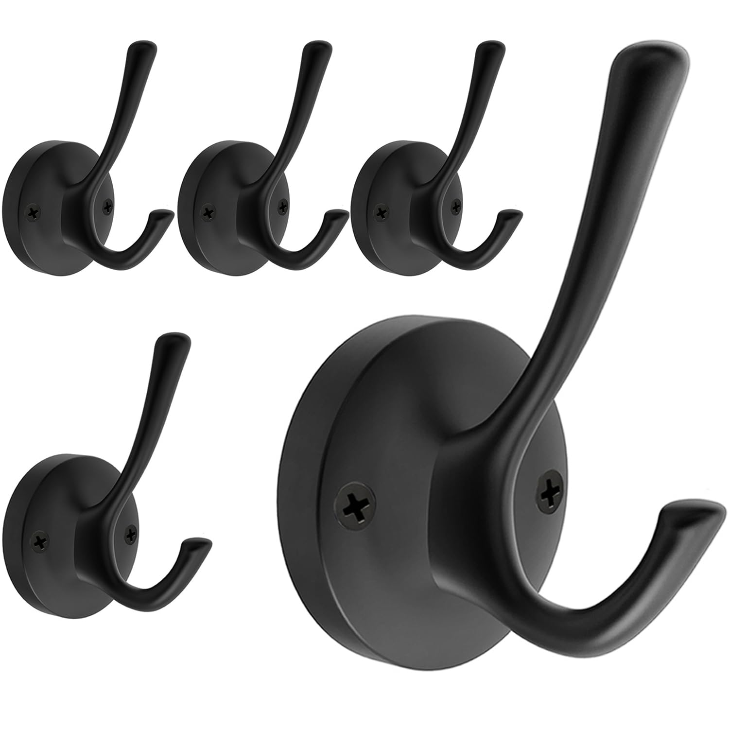 TOFIIGREM Black Towel Hooks for Wall, 5 Pack Coat Robe Hook Heavy Duty Metal Double Bath Hook Wall Mounted, Hat Hooks for Cubicle Bathroom Kitchen Closet Garage