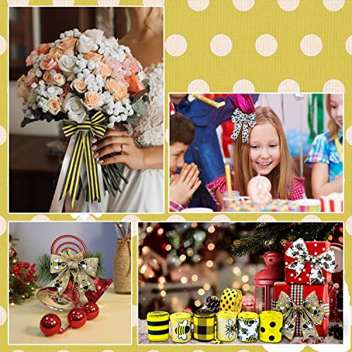 Mlurcu Bee Ribbons 6 Rolls Bee Wired Ribbon Sewing Diy Craft Bee Fabric 40 Yards 2.5 Inch Yellow Ribbon Stripe Gingham Dot Summer Ribbon Craft Bees For Bows Wreaths Wrapping Party Decorative #TOP5