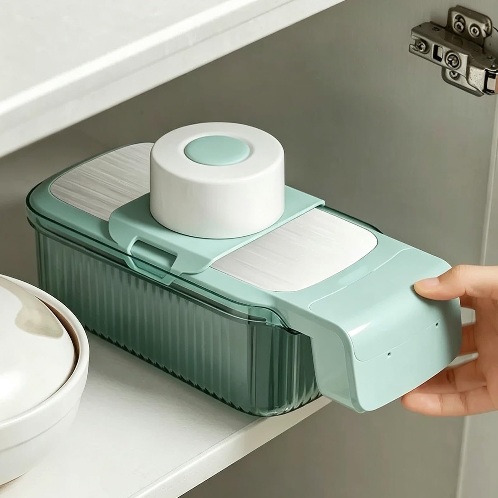 Cortador de Verdura Manual, Mandolina de Cocina Multifuncional, con Recipiente Y Protector Manos, 5 Cuchillas Reemplazables, para Cebolla, Patata, Zanahoria, Utensilio Cocina