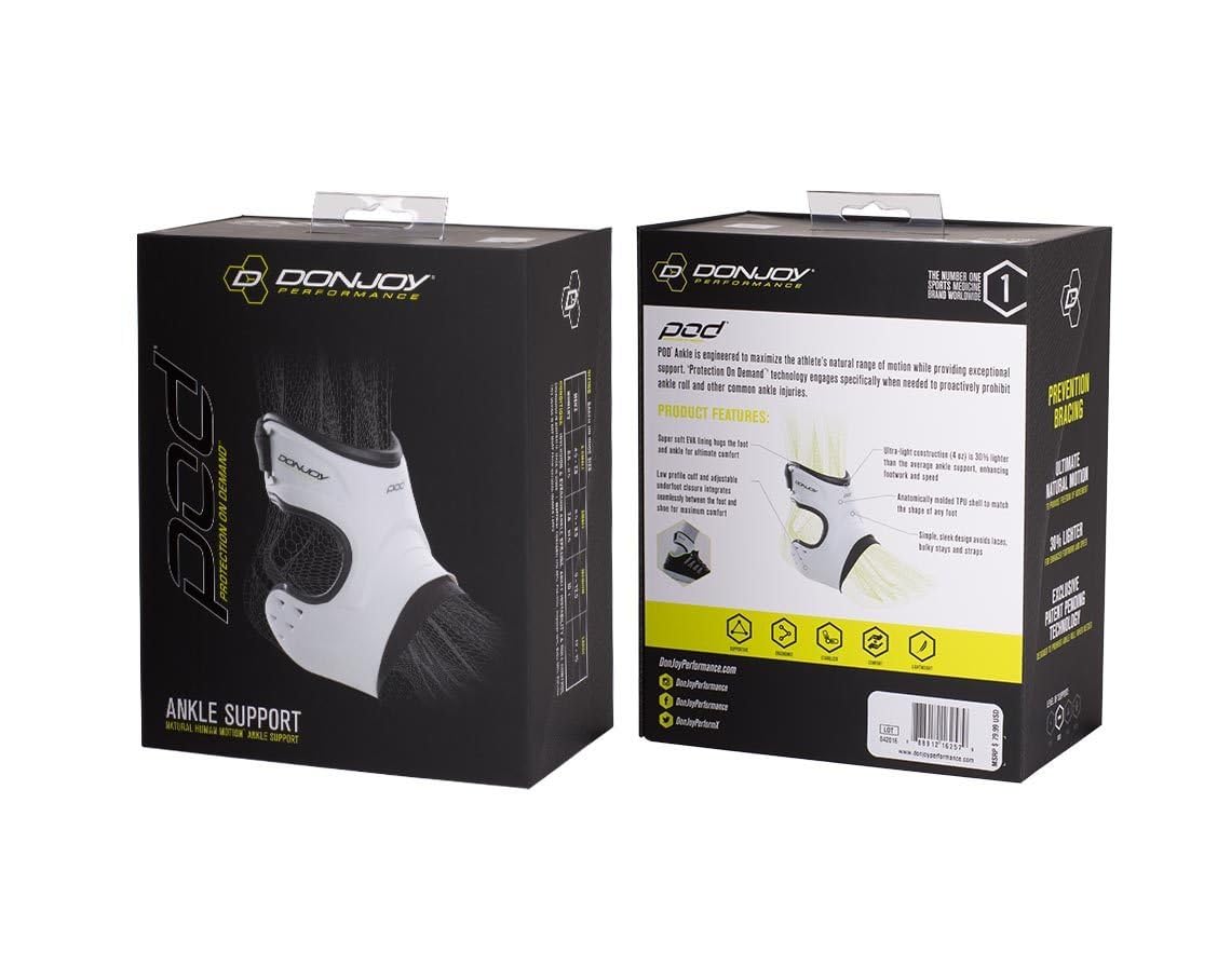 DonJoy Performance - Tobillera con soporte POD®, el mejor apoyo para conseguir estabilidad, para los esguinces de tobillo y torceduras provocadas por el fútbol americano, fútbol, baloncesto, lacrosse, voleibol - DP151AB05-WHT-XS-R, Pie derecho, XS, Blanco