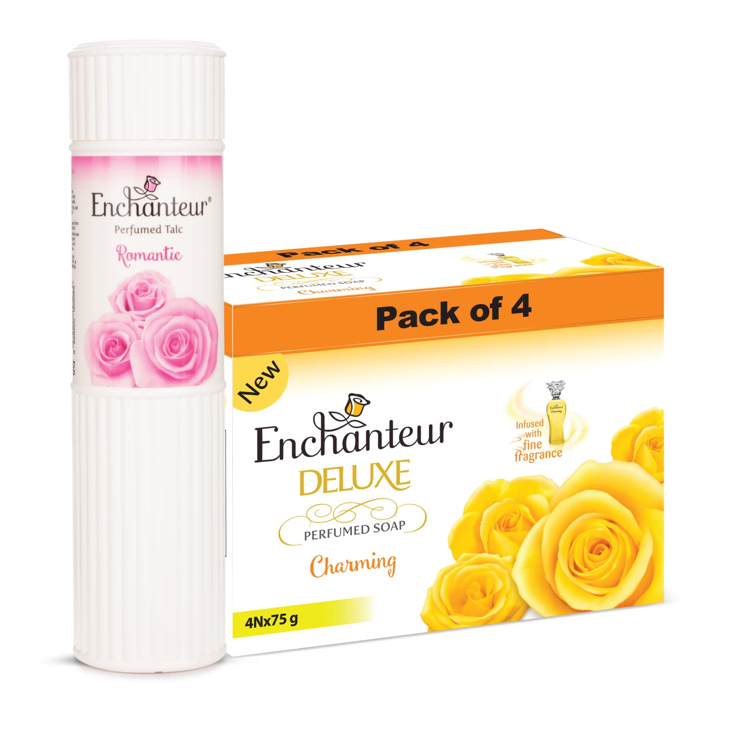 Enchanteur Romantic Perfumed Talc for Women, 250 G & Charming Perfumed Soap, 75 G (Buy 3 Get 1) with Roses, Muguets & Cedar wood Extracts