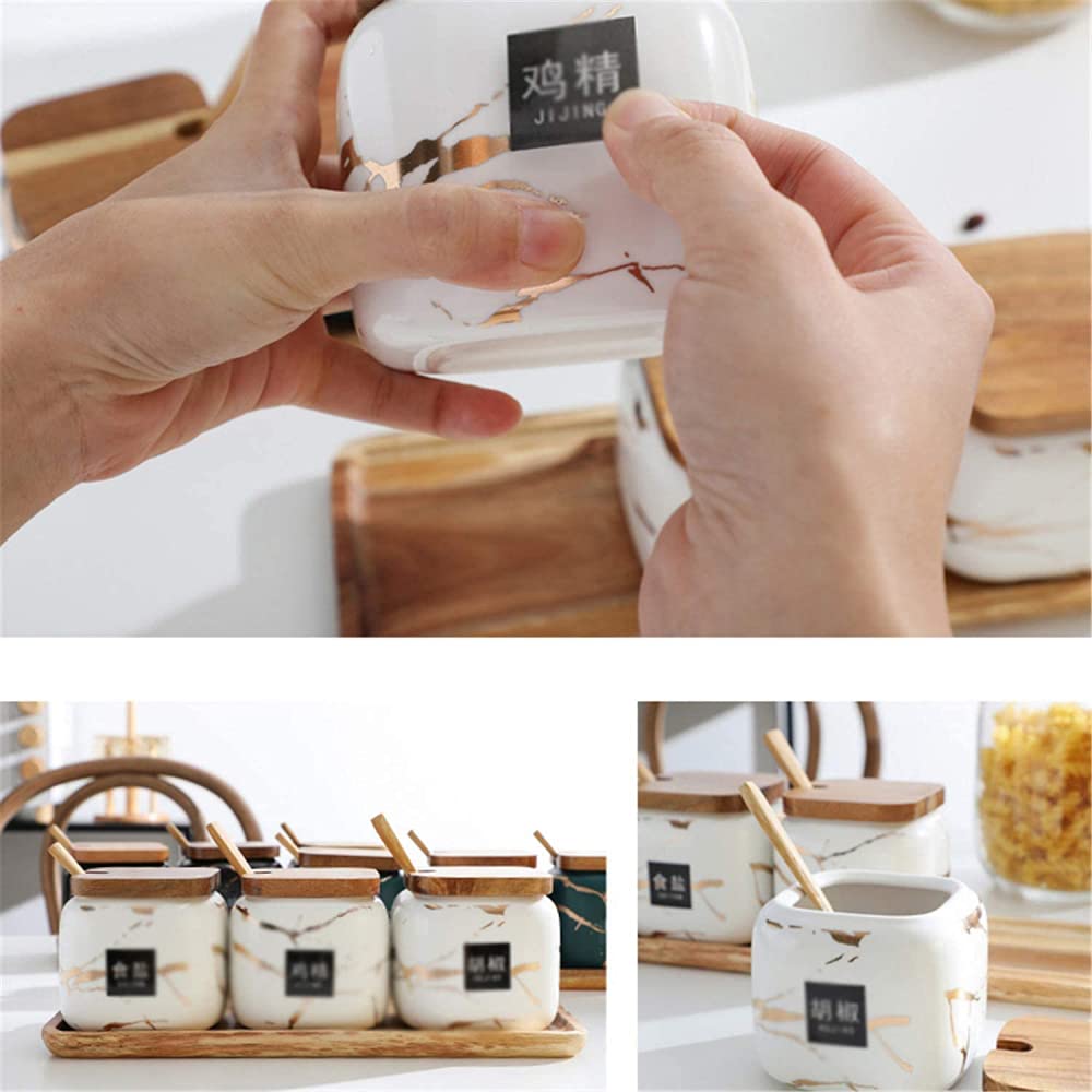 Set di contenitori per sale e zucchero, utensili da cucina in ceramica, ogni barattolo ha un volume di circa 340 g, 3 zuccheriere in marmo con coperchio e cucchiaio da portata, vassoio in legno bianco