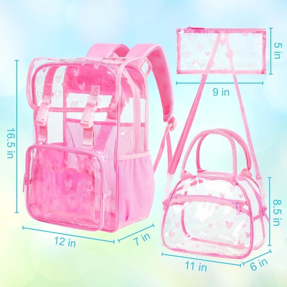 3PCS Pink Clear Backpack, Heavy Duty Transparent Bookbag for Girls Women, Stadium Approved See Through Backpack Set (Pink Love) - Image 3