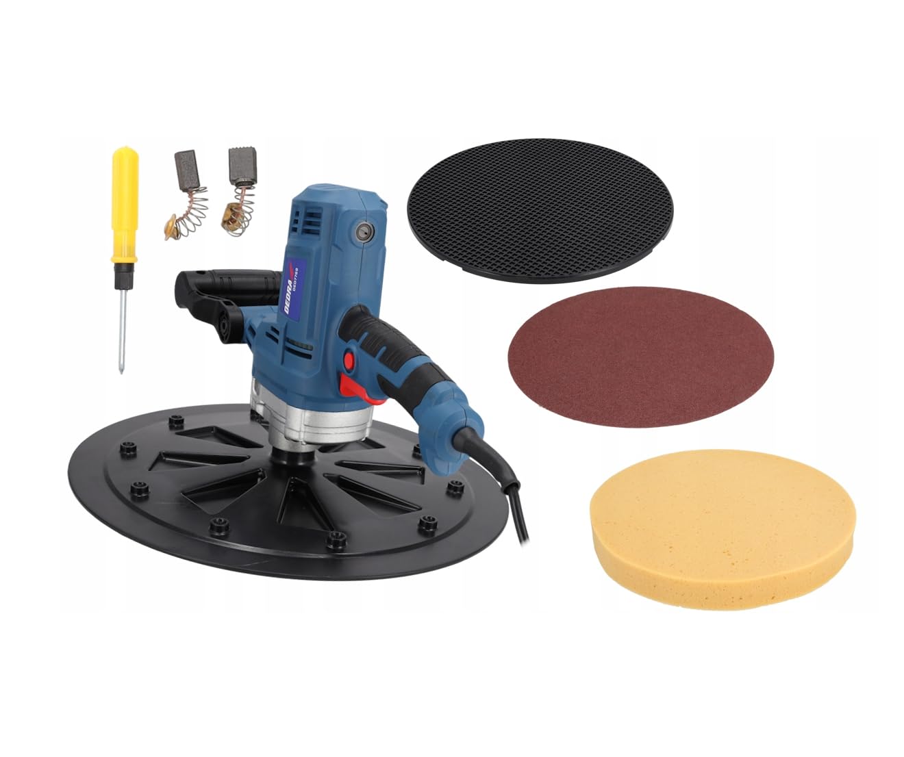 Macchina per la lavorazione delle pulizie forte 750 W, 375 mm, spugna, carta, piatto abrasivo DEDRA, cavo lungo 5 m, 110 RPM, peso 5,7 kg, facile e veloce sostituzione del disco
