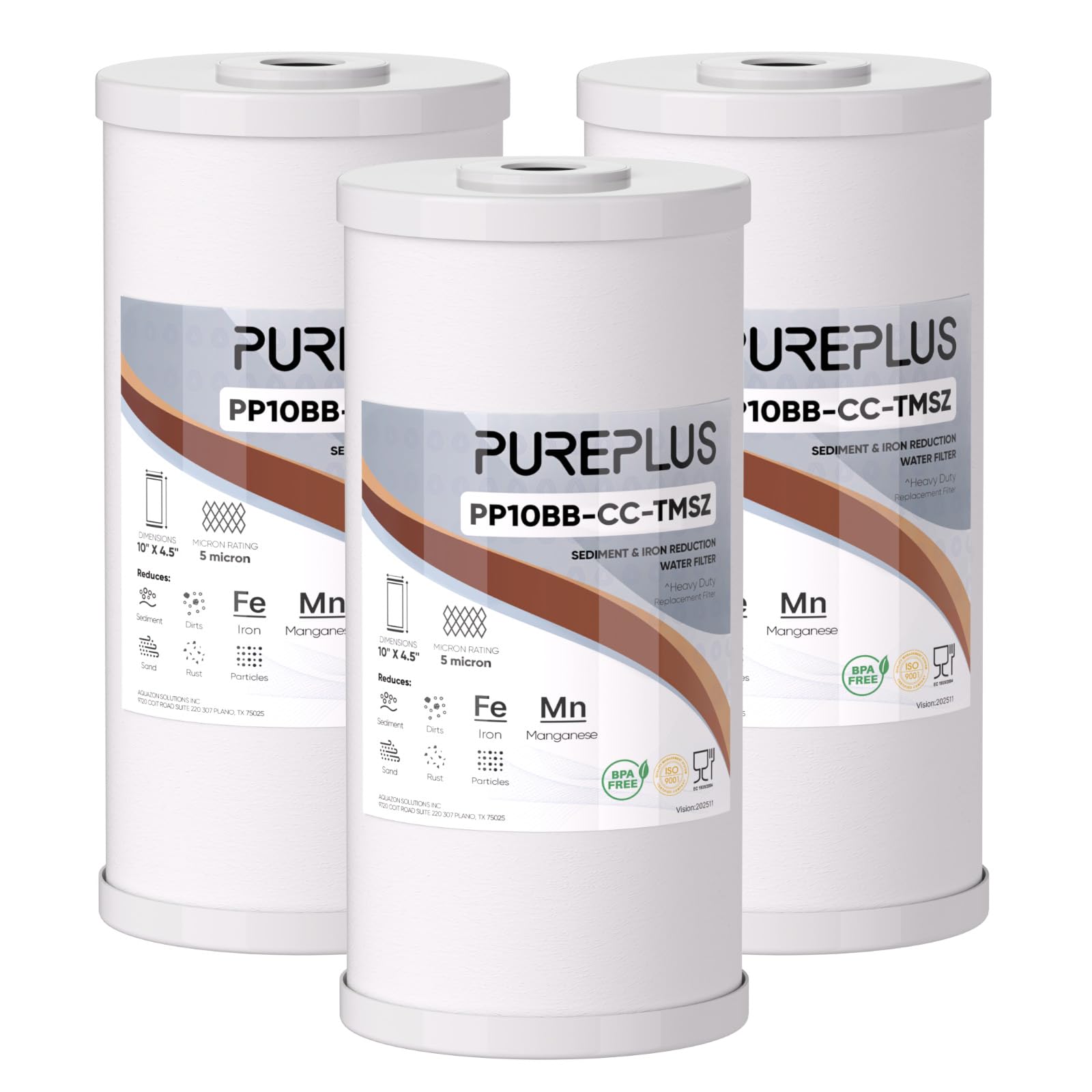 PUREPLUS 10" x 4.5" Whole House Iron Reducing Sediment Water Filter,3PACK