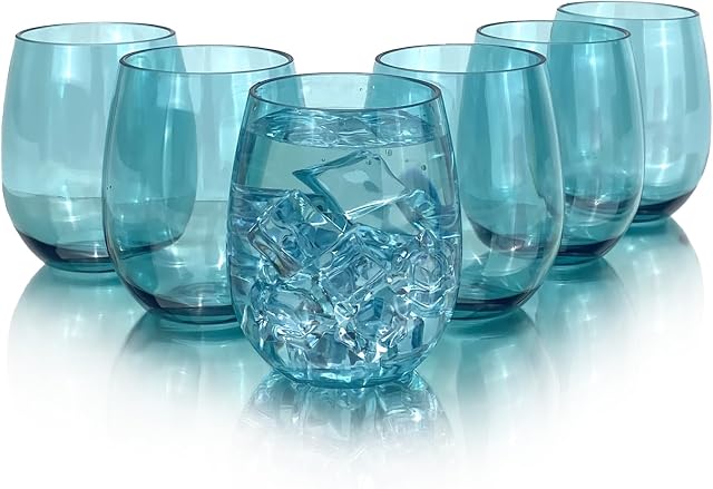 Ensemble de 6 Articles à boire acryliques - 20 Verres à vin en plastique, BPA Gratuit, lave-vaisselle sans danger, coupes réutilisables pour les fêtes et utilisation au bord de la piscine avec (Cyan, 20 Onuce)