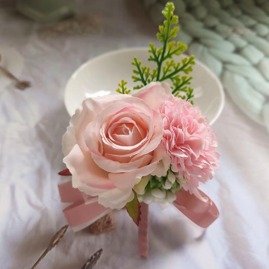 Jilukibo Pink Corsage and Boutonniere Set Prom Suit, Artificial Rose Flower Bridesmaid Wrist Corsage Wristband for Groom Groomsmen, Bride Bridal Hand Ribbon Bracelet for Wedding Party Decor (2 Pack) - Image 2