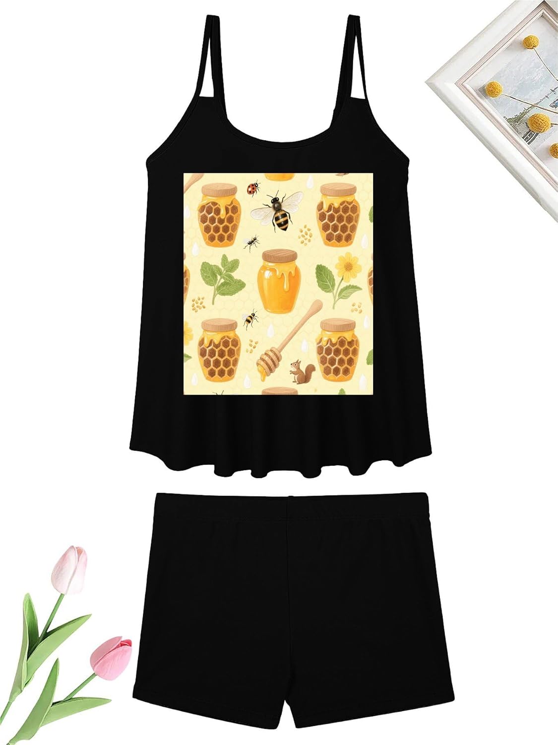 Bees and Honey Tankini Swimsuits for Women Tummy Control Two Piece Bathing Suits Swim Tops with Boy Shorts