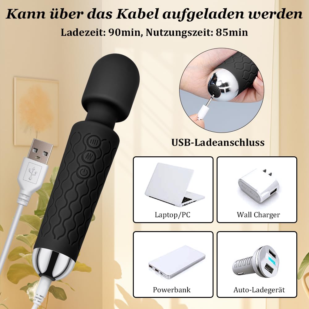 Vibration für Frauen Massagestab Massager Leises&Starkes,Elektrischer Handheld Kabelloses Handmassagegerät Stab-Massager aus Weiches Silikon, 20 Vibrationsmodi& 8 Geschwindigkeiten,Ganzkörper,Schwarz