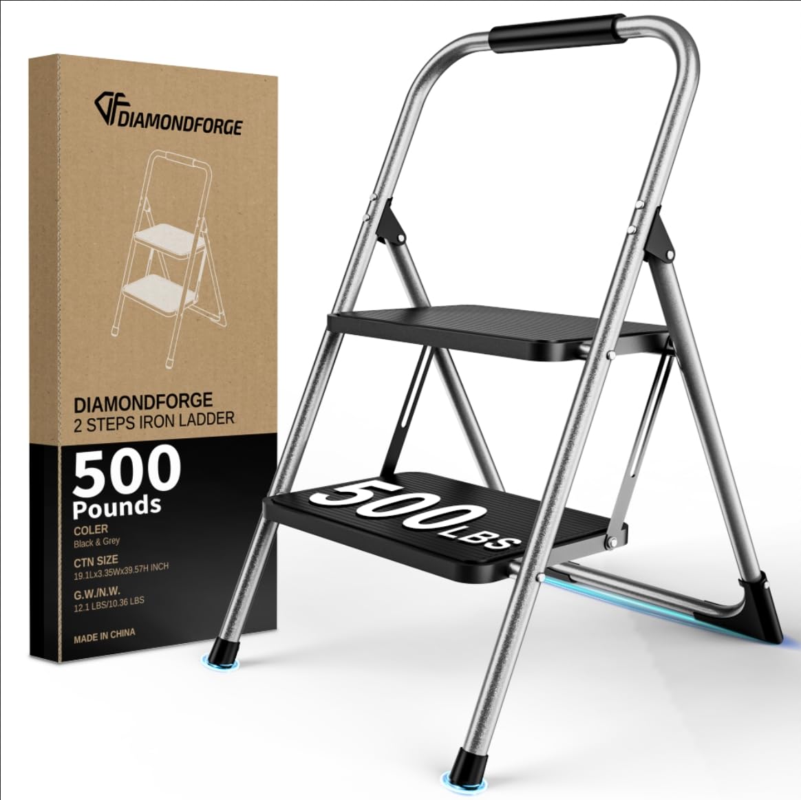 2 Step Ladder, Folding Step Stool with Wide Anti-Slip Pedal, Lightweight Foldable Step Stool with Handgrip, 500 lbs Capacity, Portable for Home, Kitchen, Office, Gray