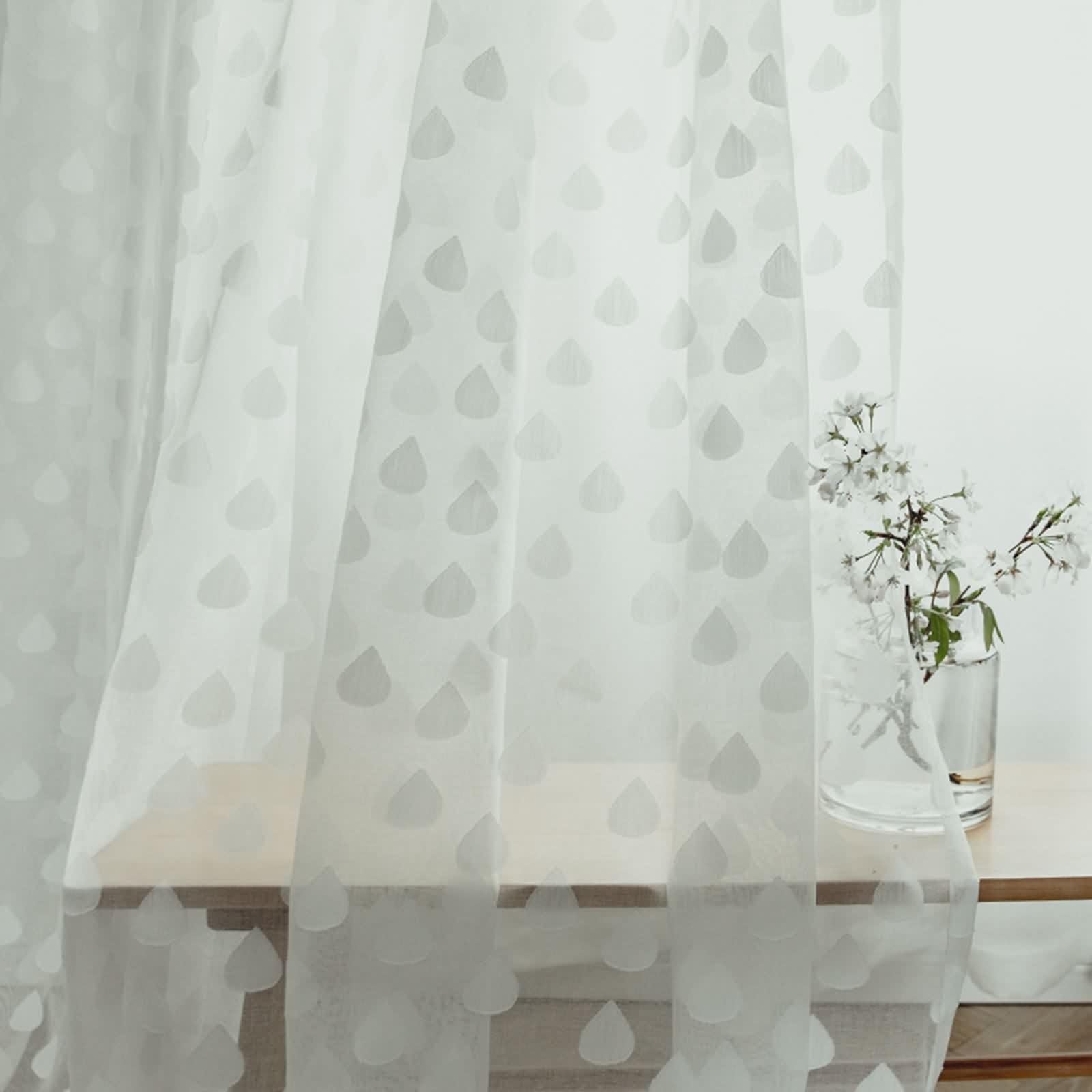 Zasłona lniana w stylu vintage, z woalu, do salonu, vintage, zestaw 2 sztuk, białe, wzór kropli wody, szer. x wys. 86 x 214 cm