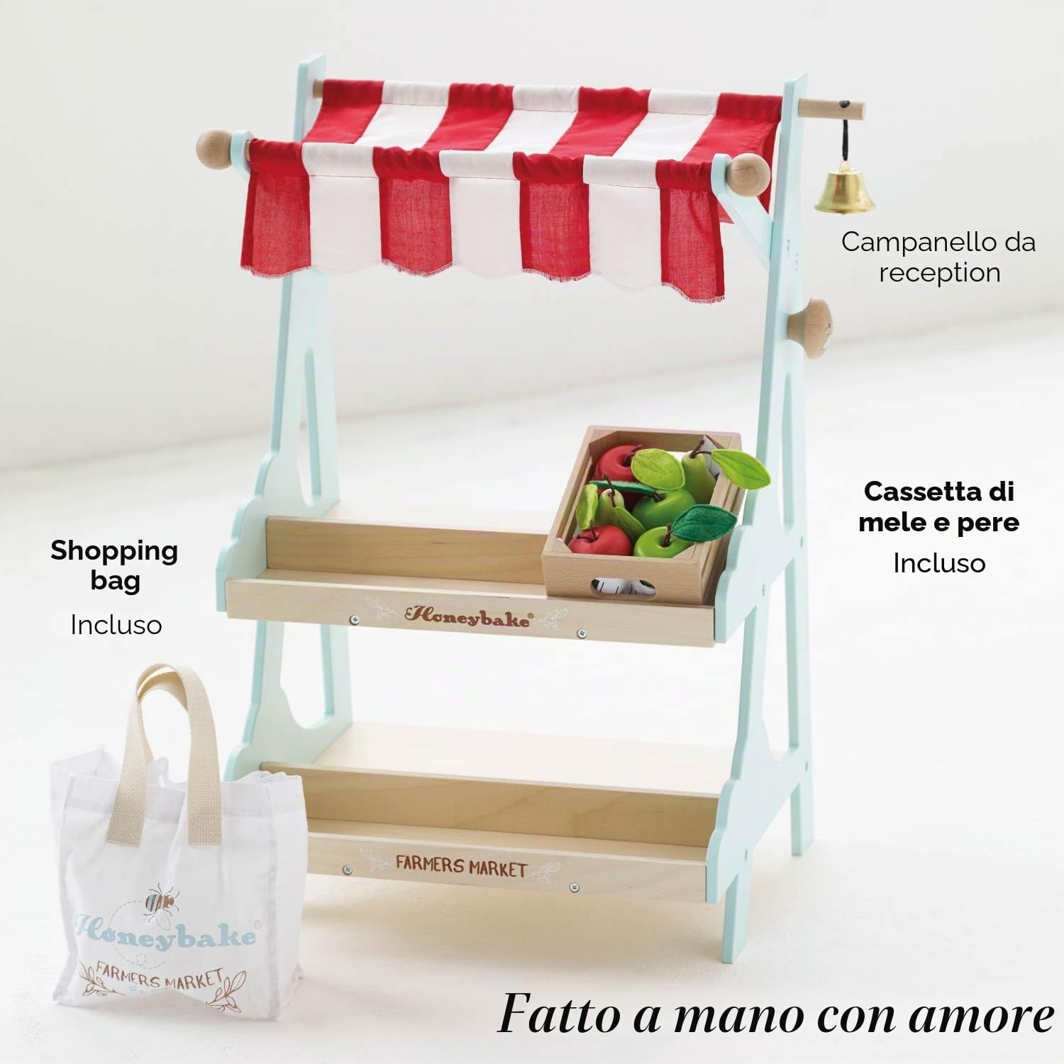 Le Toy Van - TV181 - Gioco educativo banco del Mercato, per Bambini dai 3 Anni, Include Borsa della Spesa in Canvas e Cassetta con Mele e pere, Giocattolo Ecologico Montessori