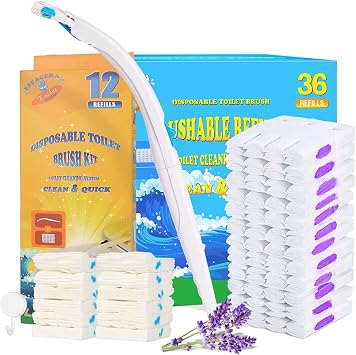 Effacera Disposable Toilet Bowl Brush Holder Cleaning System and 36 Lavender Scent Refills Flushable Toilet Refills, Toilet Refills Fresh for Bathroom Scrubber Cleaning Supplies