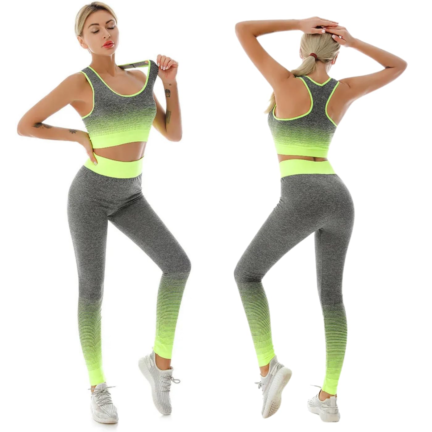 Set di 2 pezzi da allenamento da donna, set da palestra, senza cuciture, a coste, casual, comodo, corto, top a vita alta, leggings sportivi, tuta sportiva da yoga, fitness, abbigliamento da