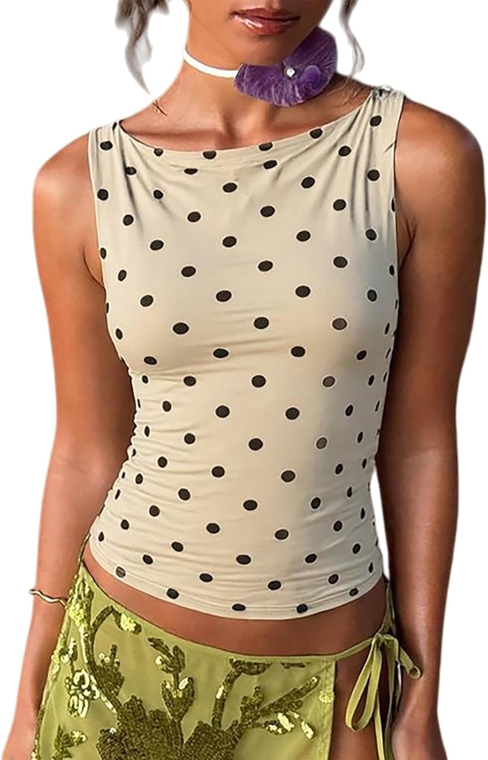 Women Sleeveless Vest Top Polka dot Print Trendy Y2k Crop Tops Slim Fit Cute Going Out Shirts Streetwear