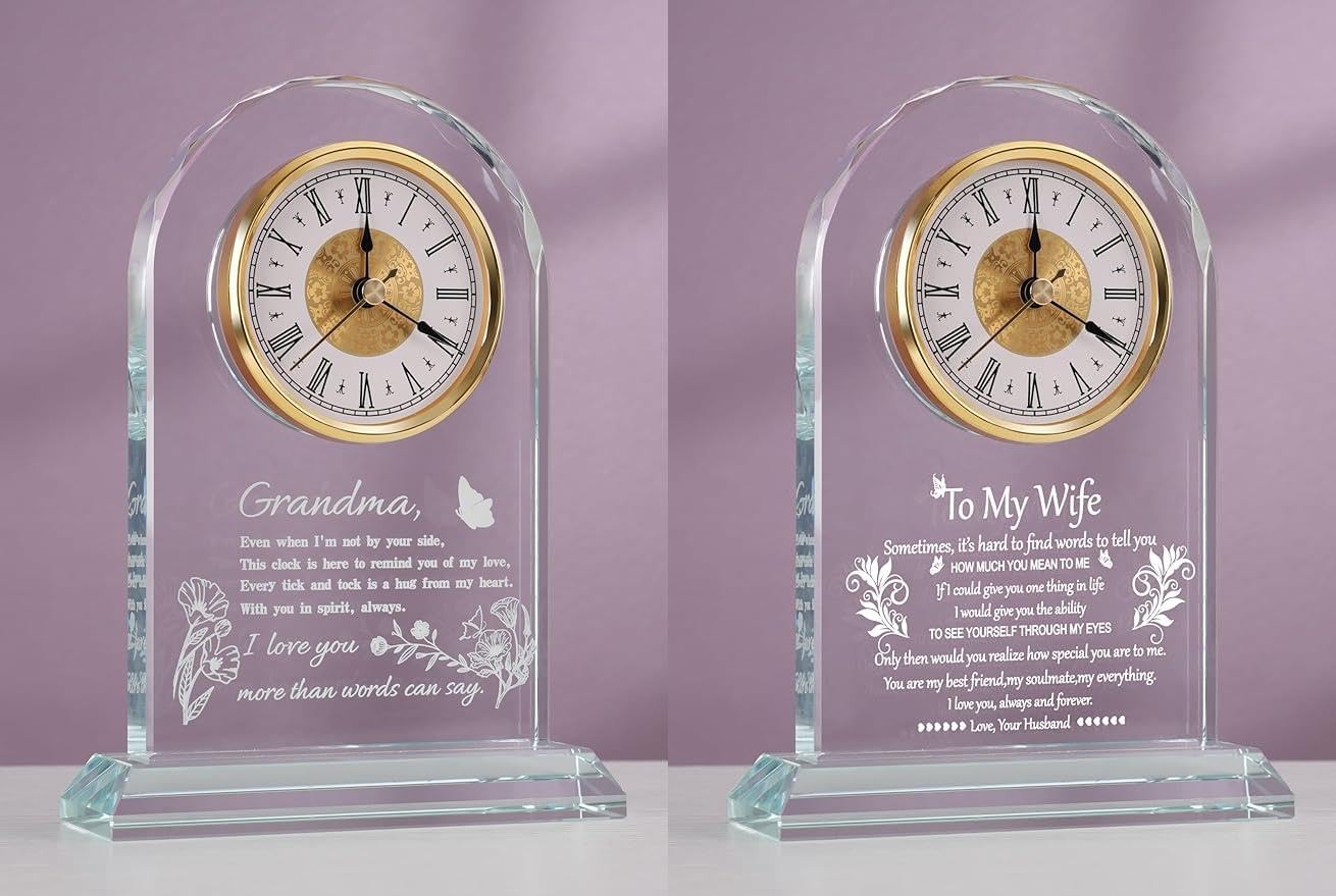 Glass Clock Gift for Grandma, Wife – Unique Birthday/Christmas/Thanksgiving/Mother’s Day Present from Granddaughter, Grandson or Husband, Elegant Desk Clock with Base for Women Who Have Everythin
