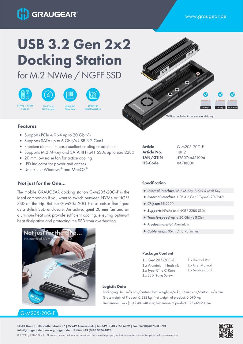GRAUGEAR M.2 Docking Station 20Gbps for NVMe/NGFF SSD, USB3.2 Gen2x2, Tool-Free